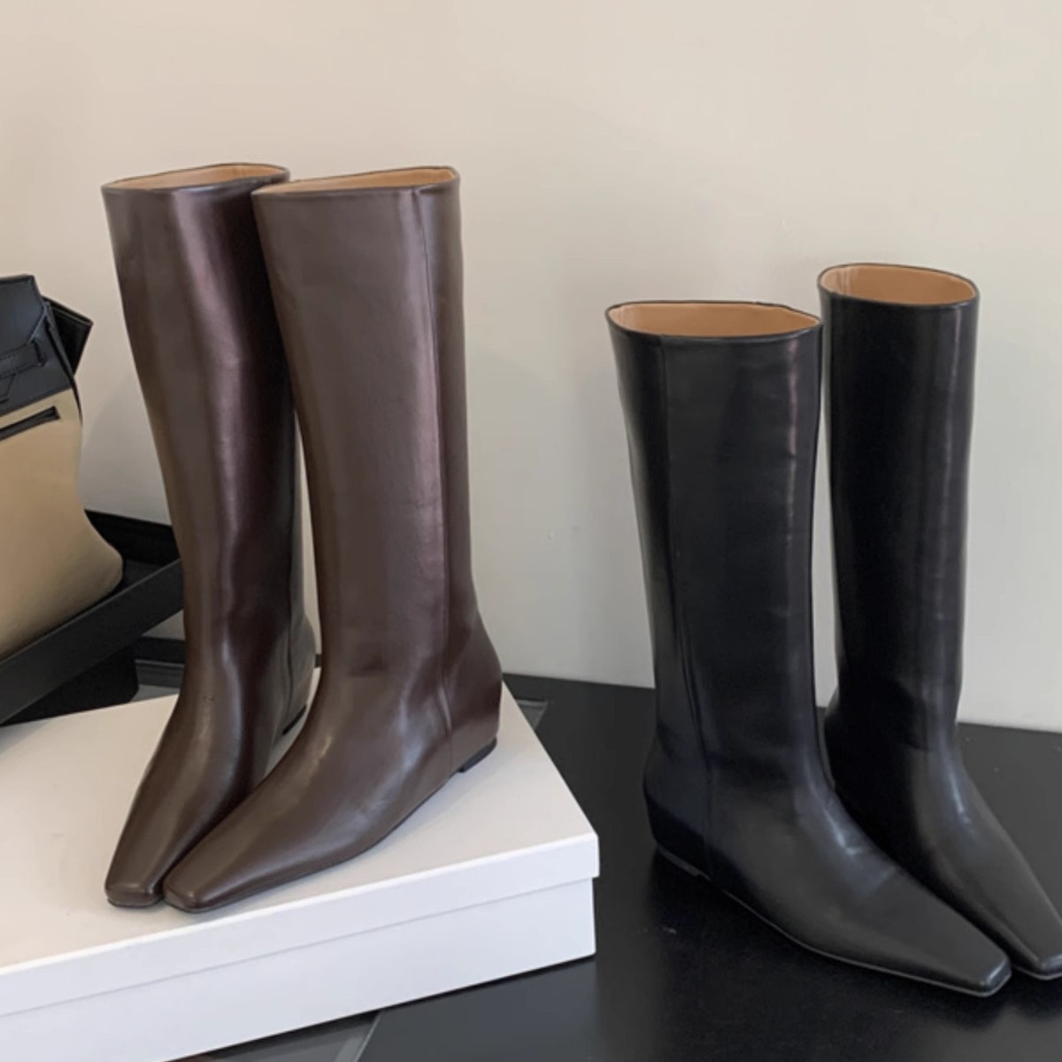 小众显瘦长靴2024英伦复古内增高方头坡跟不过膝小个子时装靴女靴