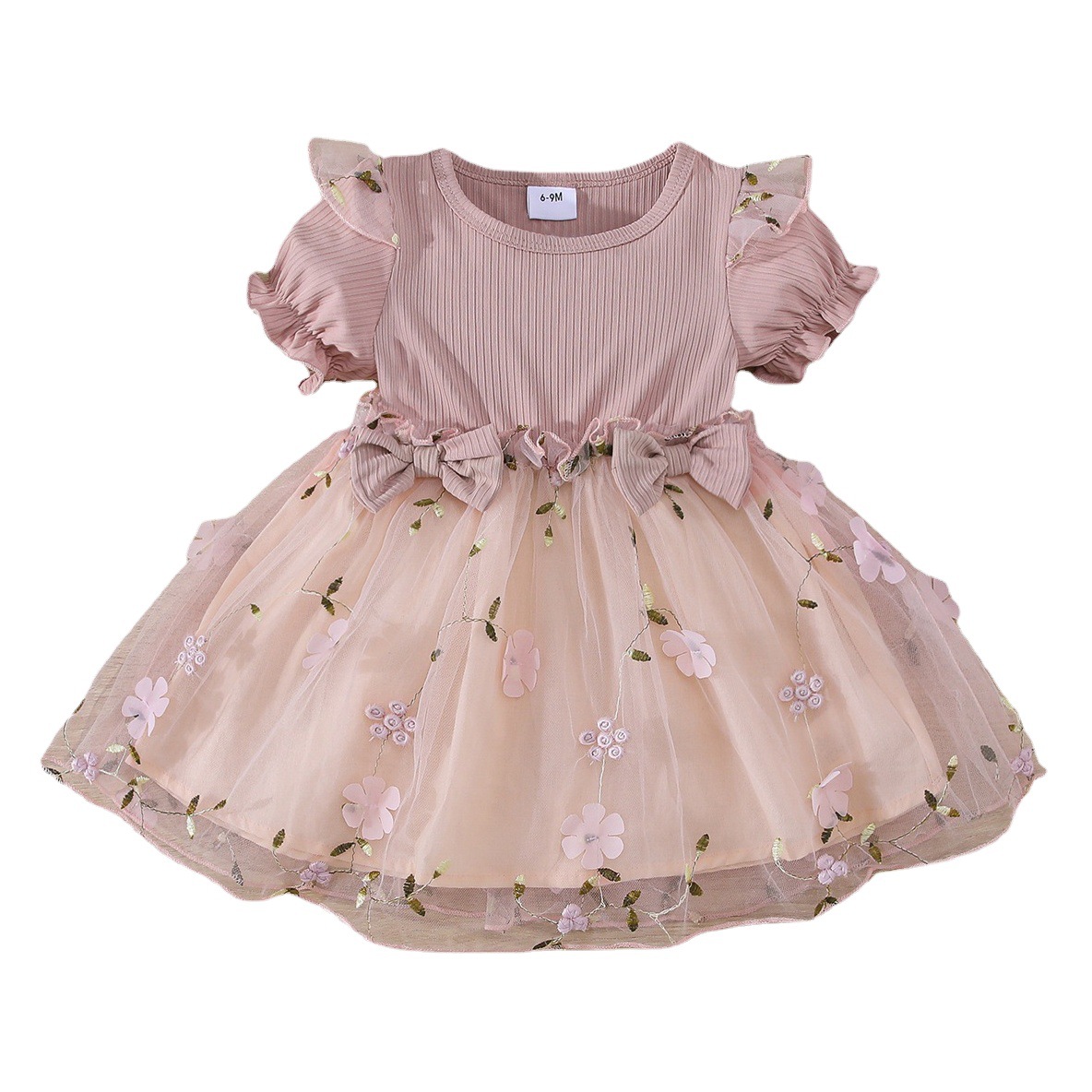 Ropa para niños verano vestido de niña europea y americana nuevo bebé bordado malla falda para niños cabello de una pieza