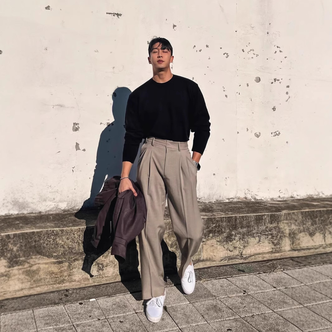 British Double Pleated Design High-Waisted Suit Pants for Men, Straight-Leg Loose Suit Pants, Wide-Leg Casual Trousers