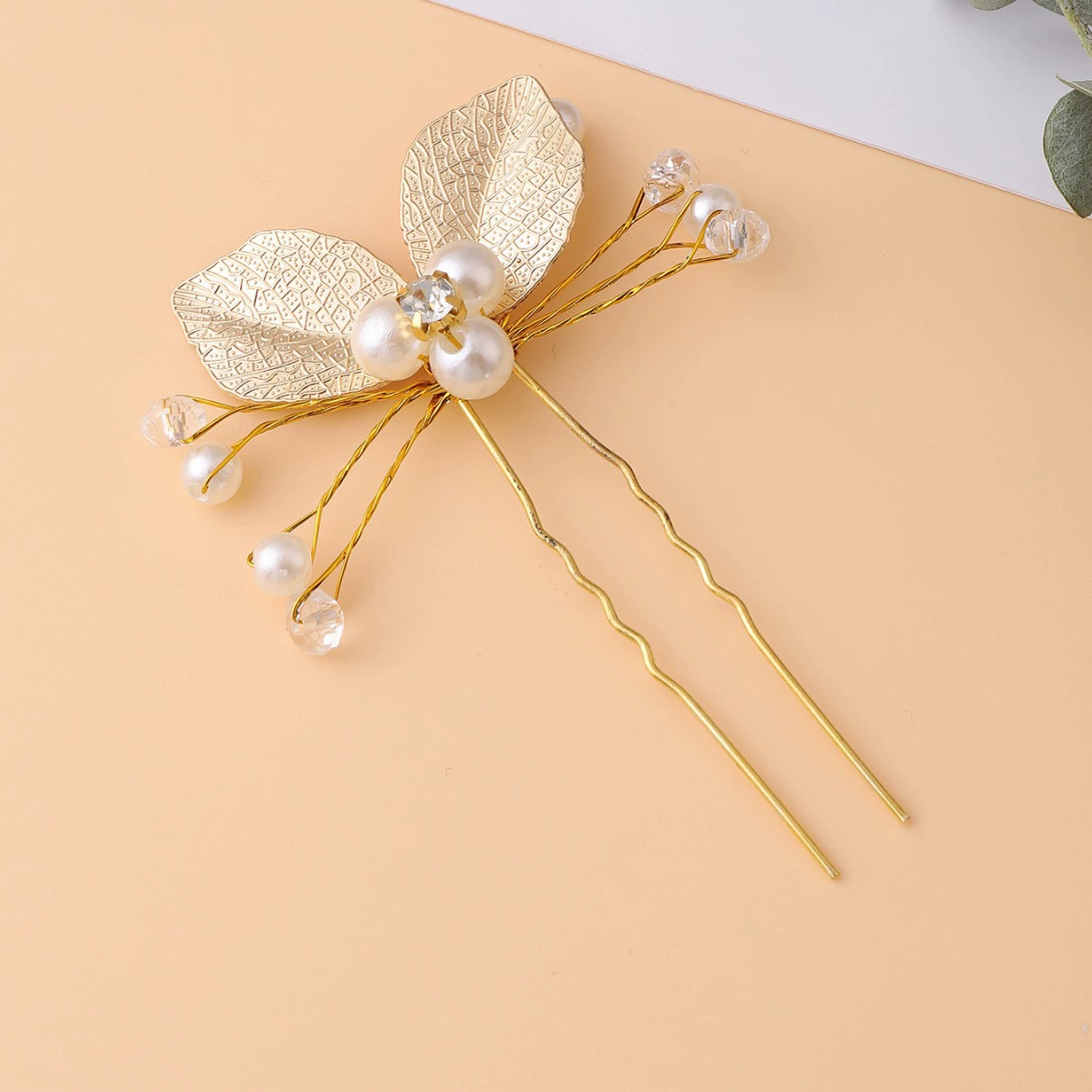 Bridal Hair Grip, Handmade Pearl & Leaf Hairpin, Gold or Silver, 7.6×5.5 cm