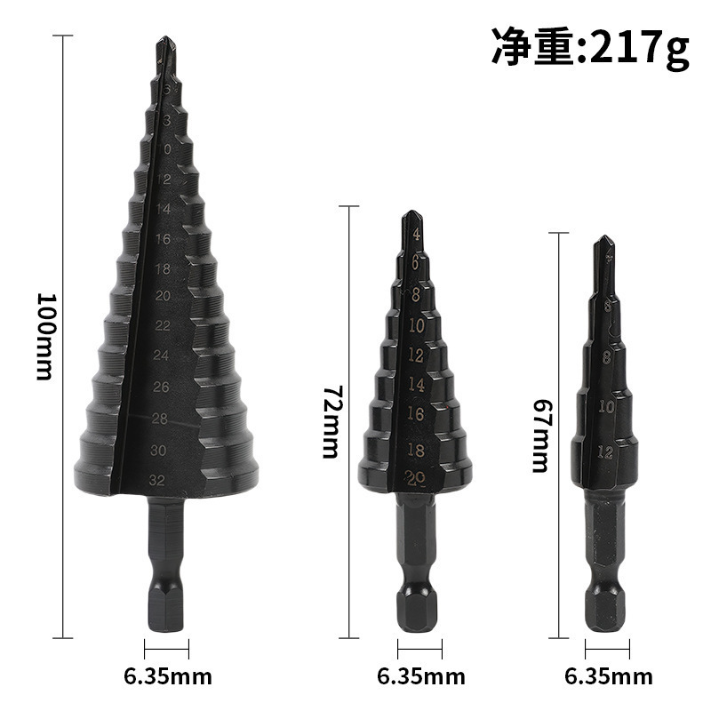 宝塔ドリル3点セット六角柄直溝公製チタンメッキ穴拡穴器ステップドリル3点セット階段ドリル|undefined