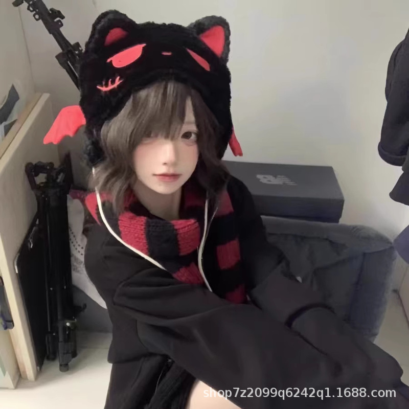 ins恶魔小喵帽子加厚可爱小恶魔头套万圣节小众暗黑猫耳朵帽子女|undefined