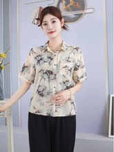 真丝夏季洋气翻领短袖上衣印花妈妈款