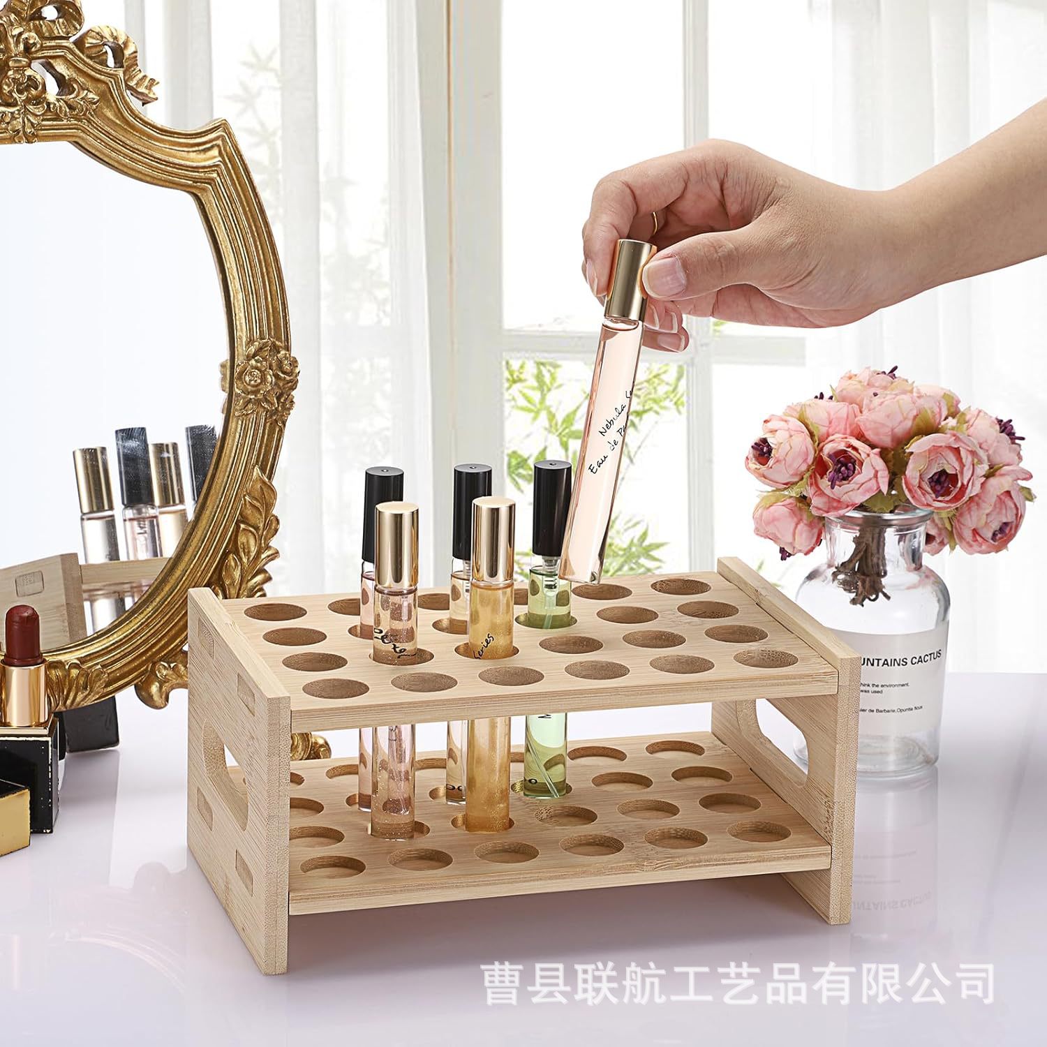 Bamboo wood perfume storage rack 24 grid ball makeup lip gloss lipstick display rack with handle oil bottle holder