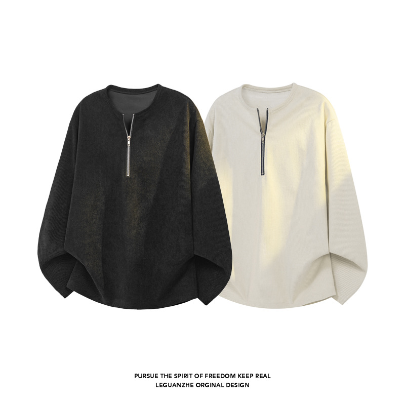 American-style Half-zip Henley Collar T-shirt For Men Women, Corduroy, Spring And Autumn Cleanfit Long-sleeve Base Layer_voghion.com