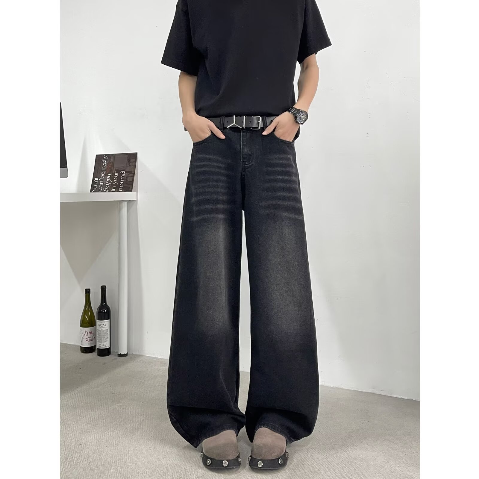 Men's American Vintage Black Saber-Cut Jeans – High Street Drop-Crotch Wide Leg Pants (S-3XL, Heavyweight Washed Denim)_mkmklike.com