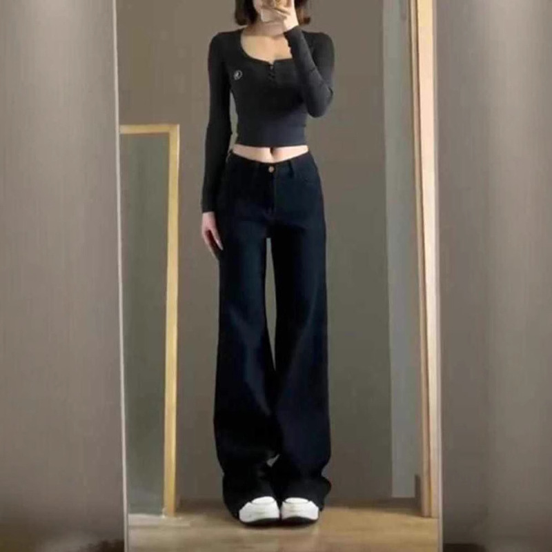 Black Low-Waist Jeans for Women, Autumn 2026 New American Style Petite Wide-Leg Pants, Drapey Narrow Straight-Leg Pants