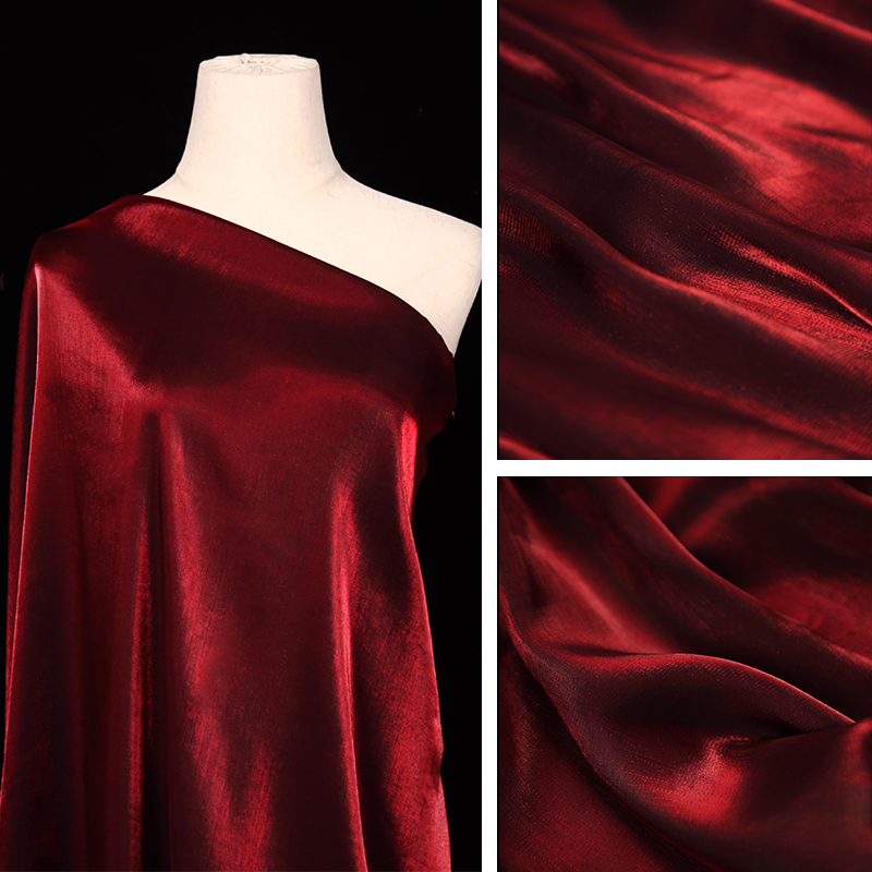 Tissu de créateur de tissu bordeaux, satin de soie vitré, changement progressif, robe de mariée en coton artificiel, cheongsam, tissu de fond brillant