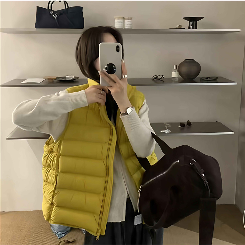 Yellow Ribbed down Vest for Women 2025 Korean Style Simple Petite Loose 90% White Duck down Vest Jacket