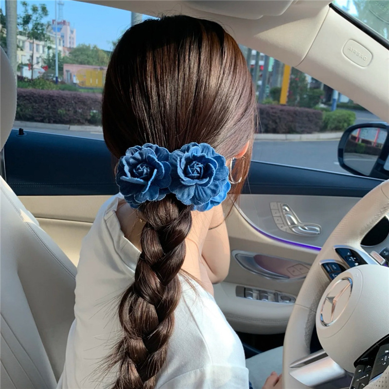 フレンチレトロデニムブルーフラワーバナナクリップレディースヘアピンヘアピン後頭部大型サメクリップトップクリップ|undefined