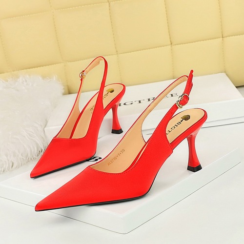 3716-1 Fashion Simple Versatile Silk Women's Shoes High Heels Show Thin Shallow Mouth Pointed Hollow Back Strap Single Shoe