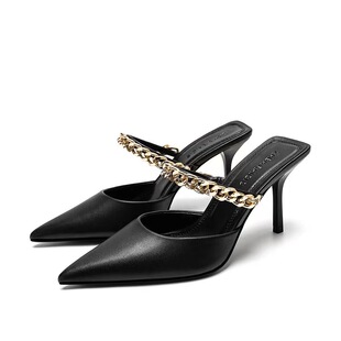 Internet Celebrated Explosive Genuine Leather Pointed Metal Chain High Heels Women's plus size Stiletto Heel Half-Shallow Mule Sandals