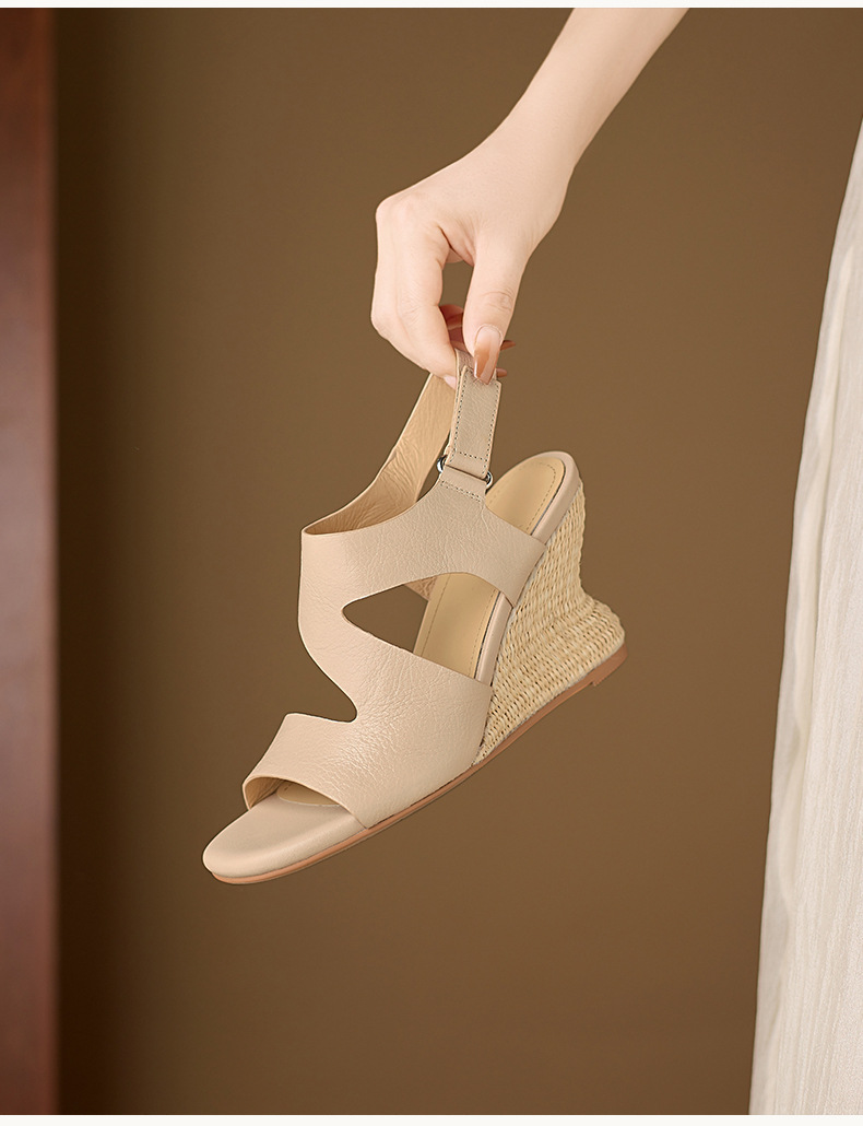 Sandal cao gót nữ quai ngang mũi hở chất liệu da cừu, đế cao gót bọc cói, khóa dán tiện lợi — màu trắng ngà, màu mơ chi tiết 7