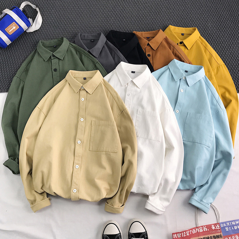 Heavyweight Pure Cotton Shirt, Long-Sleeved, Ins Hong Kong Style, Japanese Style, Loose-Fitting Jacket, Spring Short-Sleeved Inner Layer, Casual Workwear