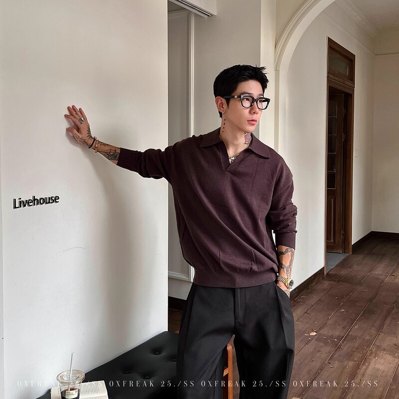 Old Money Style Retro Lapel Button Polo Shirt High Quality Simple Work Clothing Men's Autumn and Winter Slim Long-Sleeved T-Shirt