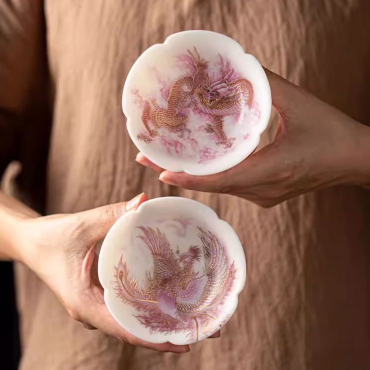 Plain-baked suede jade dragon and phoenix pair cup fighting cup tea bowl ceramic master cup high-end white porcelain puer cup single cup Plain-baked suede jade dragon and phoenix pair cup fighting cup tea bowl ceramic master cup high-end white porcelain puer cup single cup