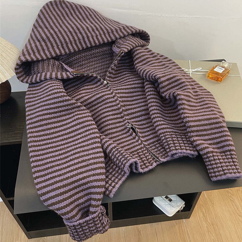 Korean-style color-block striped zip-up hooded knit cardigan, new autumn and winter loose casual sweater jacket for women Korean-style color-block striped zip-up hooded knit cardigan, new autumn and winter loose casual sweater jacket for women