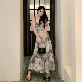 水墨画新中式荡领吊带露背长款气质连衣裙图片色修身型有吊牌