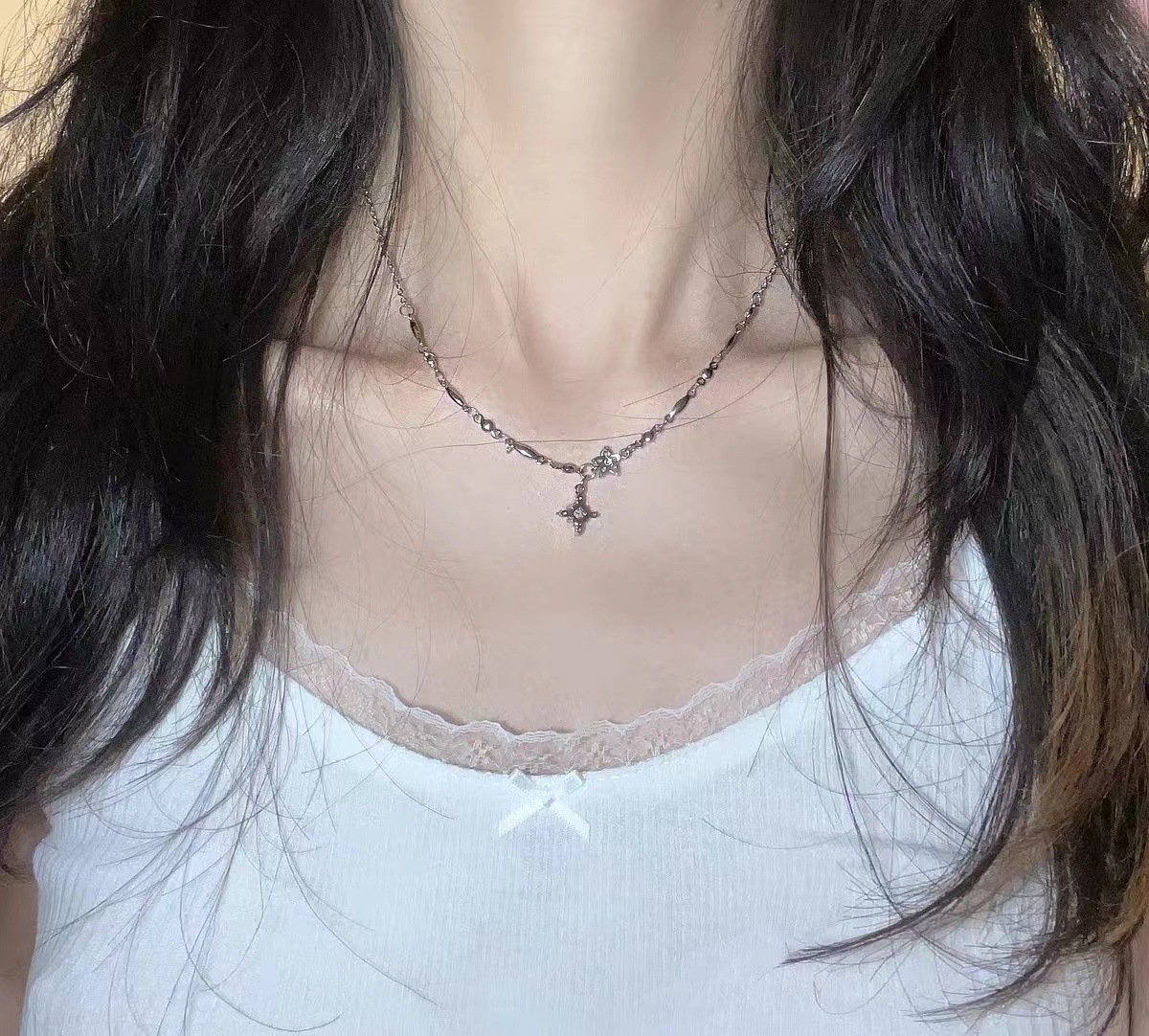 Fashion Cross Flower Titanium Steel Plating Rhinestone Necklace