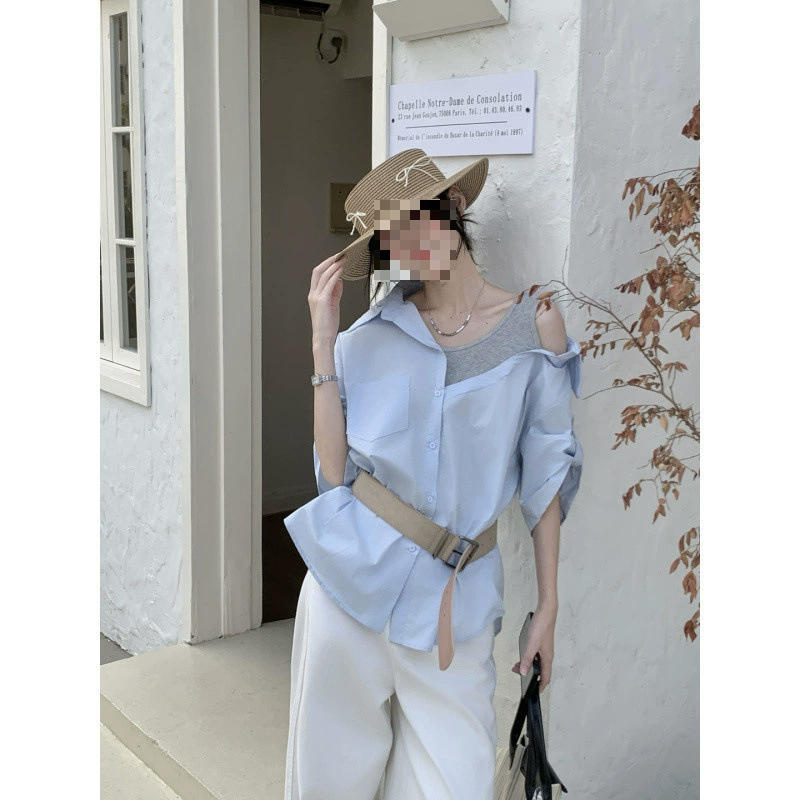 YS8 реальный снимок, реальная цена, сексуальная свободная рубашка с открытыми плечами, имитация двух частей, женская дизайнерская ниша, универсальная асимметричная