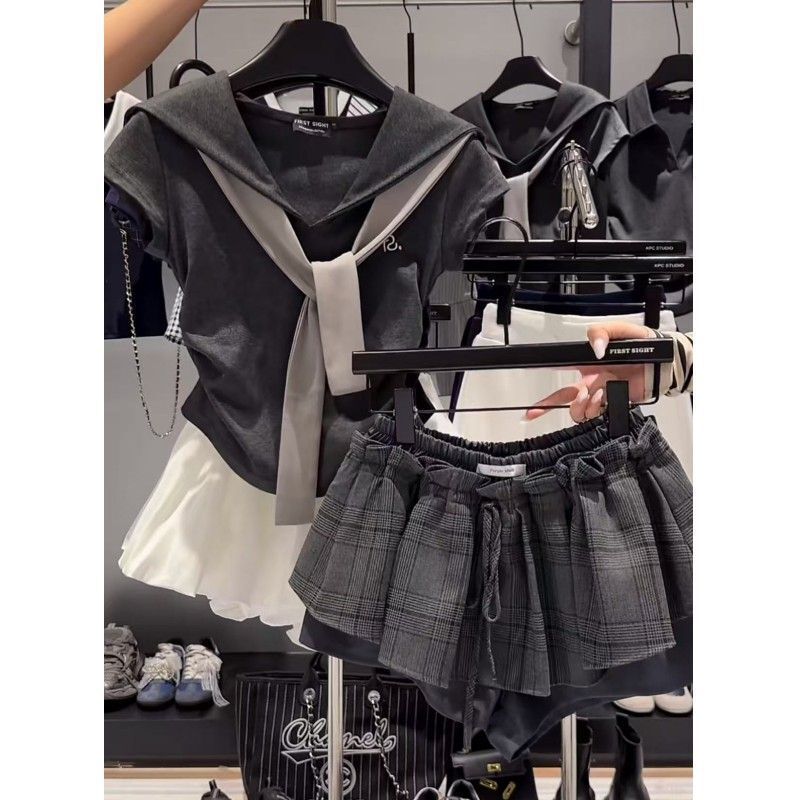 Summer Slimming Navy Collar College Style Color-Blocking Faux Two-Piece Waist-Cinching Top + Cloud-Shaped Floral Shorts Skirt Set for Women Summer Slimming Navy Collar College Style Color-Blocking Faux Two-Piece Waist-Cinching Top + Cloud-Shaped Floral Shorts Skirt Set for Women
