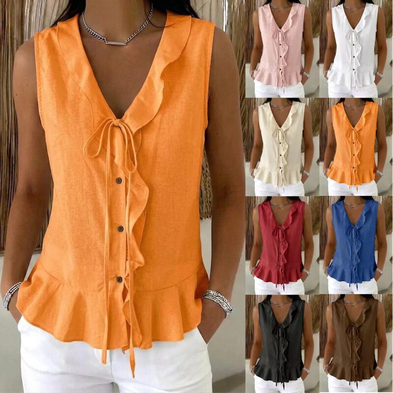 2026 European and American Cross-Border New Style V-Neck Ruffled Tie-Up Sleeveless Vest with Ruffled Hem Casual Women's Top 2026 European and American Cross-Border New Style V-Neck Ruffled Tie-Up Sleeveless Vest with Ruffled Hem Casual Women's Top