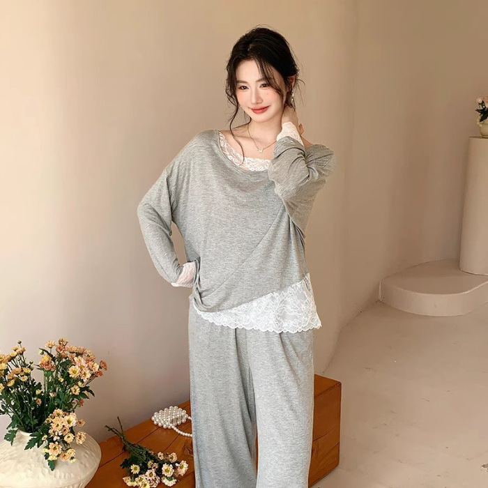 法式莫代尔睡衣女春秋套头长袖长裤露肩温柔蕾丝纯欲风家居服套装|undefined