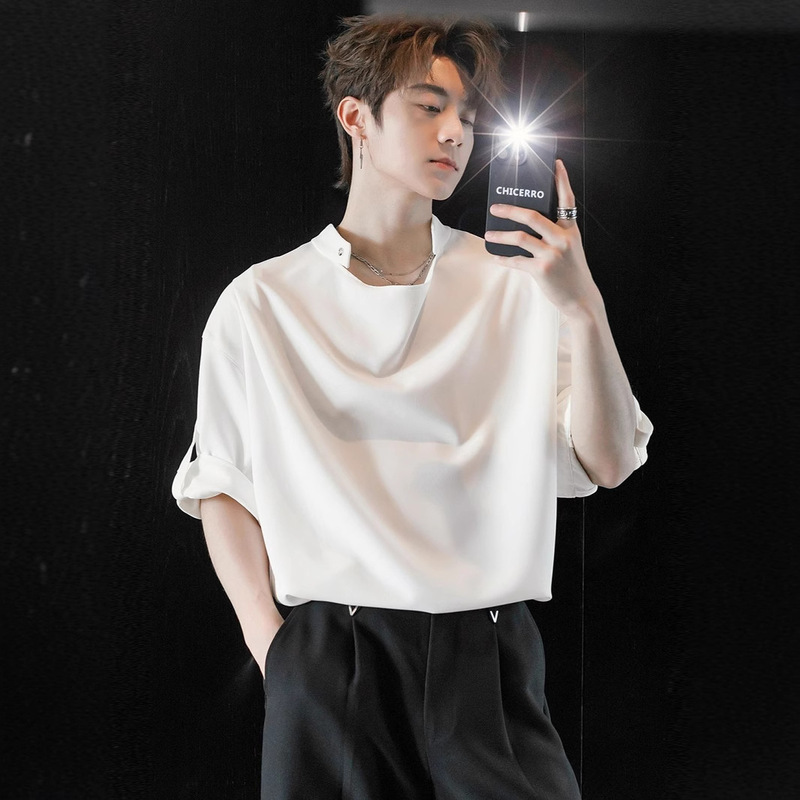 Summer High-End Stylish Stand Collar T-Shirt for Men, Short-Sleeve Trendy Design with Adjustable Sleeves, Half-Sleeve T-Shirt for Hairstylists