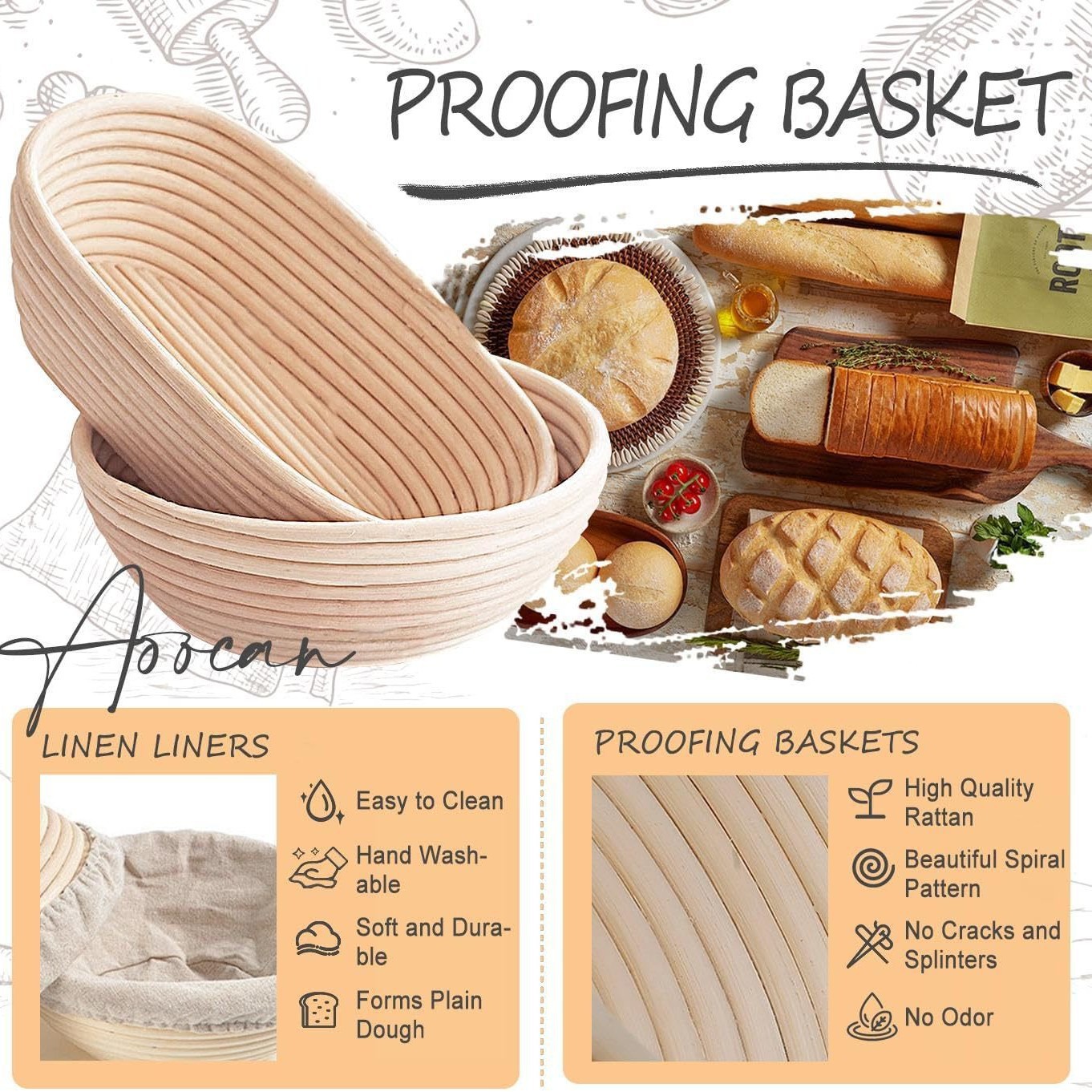 Cesta de fermentación de pan vietnamita indonesia caña hornearia conjunto de batería de masa raspador cepillo de silicona cesta de pan