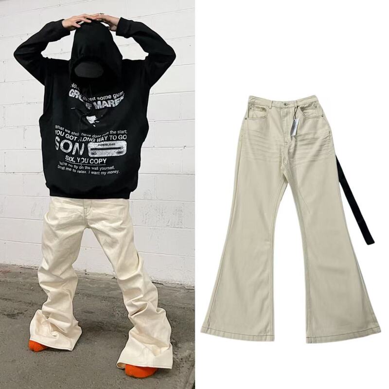 Original Ro Style Niche Dark High Elastic Floor-Length Beige Brushed Flared Jeans Men's Slimming Look Wide-Leg Pants