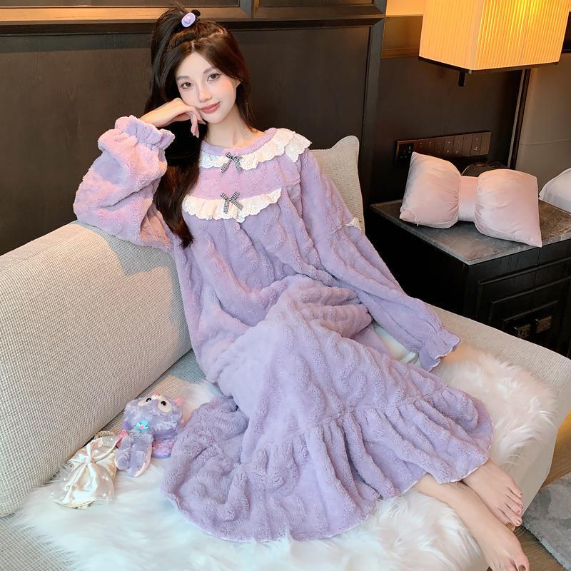 Flannel Nightgown for Women, Autumn and Winter Princess Style, Winter Long-Sleeved, Cute, Student, Pregnant Women, Loose Large Size Coral Velvet Pajamas