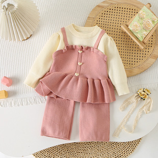 Girl's Fashionable Dress Autumn and Winter New Western Style Fake Two-piece Knitted Straight-tube Children's Baby's Two-piece Suit