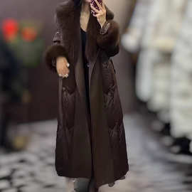 25136婕妤秀冬季千金风大毛领长款棉服女腰系带时尚洋气过膝外套