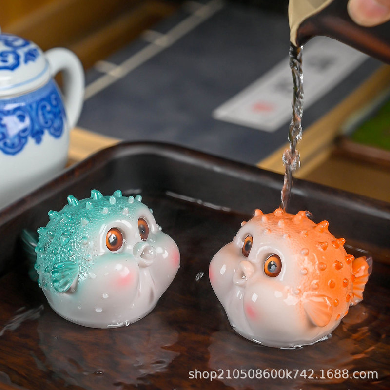 Creative Color-Changing Fortune-Bringing Bubble Fish Desktop Internet Celebrity Tea Pet Pufferfish Ornament Home Decoration Boutique Tea Toy That Can Spit Bubbles