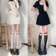 Summer Japanese-style thin-hole leg socks with sweet white straps, lace mid-calf socks, black tall socks for women