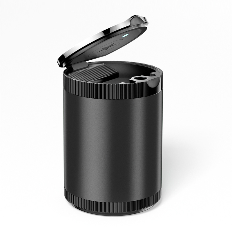 Universal Car Ashtray with Lid LED Light Aluminum Alloy (Car ashtray) - black