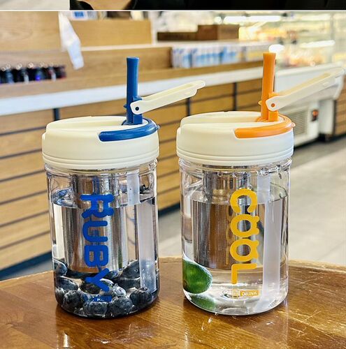 Plastic cup straw cup student water cup ins high-looking men and women bubble tea fruit tea with stainless steel tea warehouse