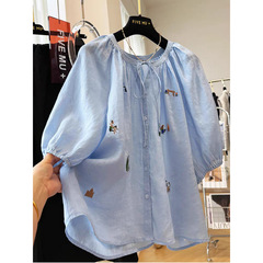 韓国重工業漫画刺繍ルーズ半袖シャツ女性の夏のハイエンドラミードールシャツ見栄えの良いトップスとシャツ