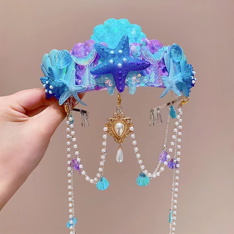 Super Fairy Mermaid Hairband Children's Crown Headdress Girl's Pearl Tassel Forehead Chain Little Girl's Bow Hairpin