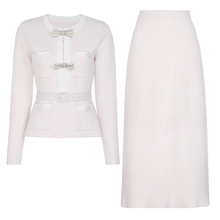 25185现货南油高端春秋新款钉珠腰带显瘦上衣针织衫+半身裙套装女