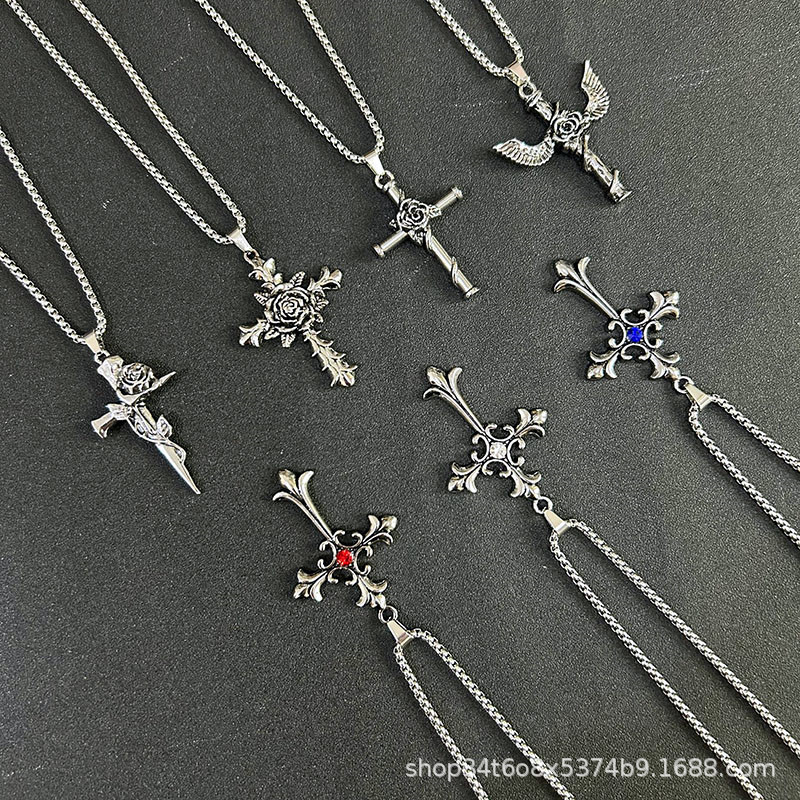 Cross-Border European and American Baroque Style Rose Rhinestone Cross Necklace Snowflake Pendant Men's Hip-Hop Exaggerated Collarbone