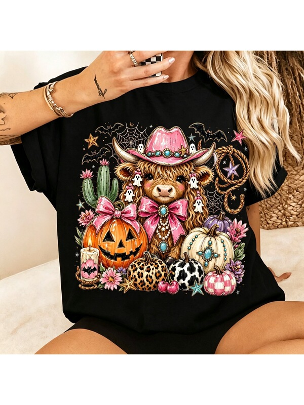 European size cotton T-shirt, Western Halloween Highland Cow pink pumpkin ghost cowgirl shirt design, women's black T-shirt European size cotton T-shirt, Western Halloween Highland Cow pink pumpkin ghost cowgirl shirt design, women's black T-shirt