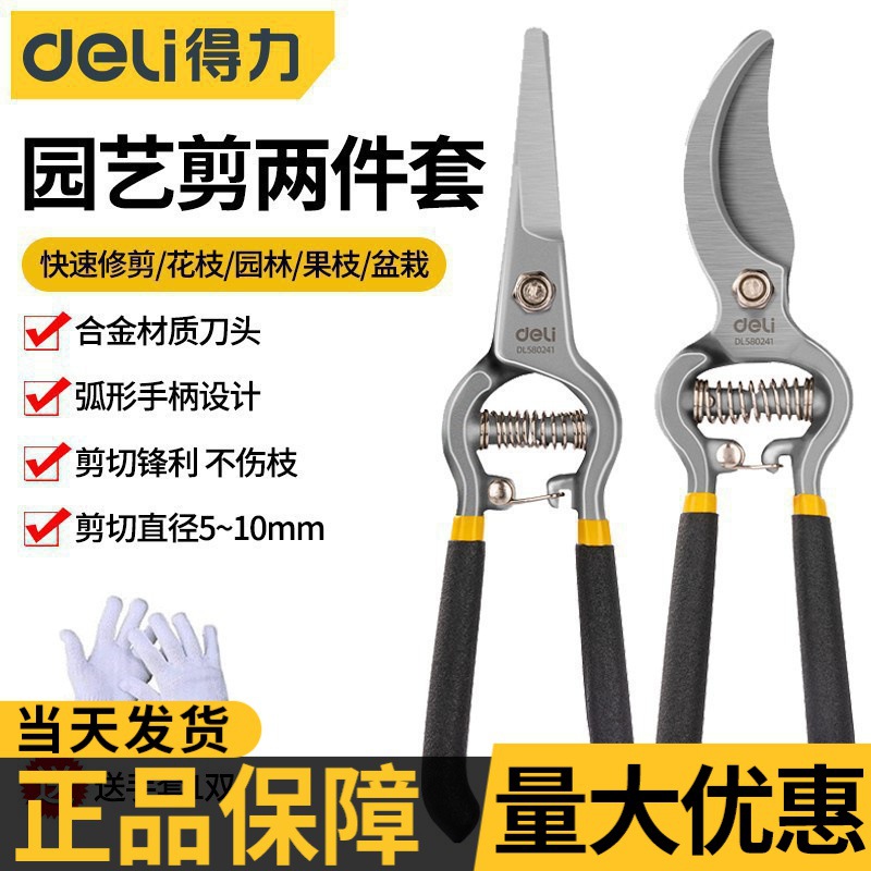 得力园艺剪两件套省力枝剪刀修剪树枝果树果枝修枝剪刀花批发
