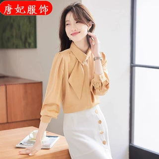 白色醋酸缎面衬衫女长袖春夏季新款职业通勤打底衬衣真丝雪纺上衣