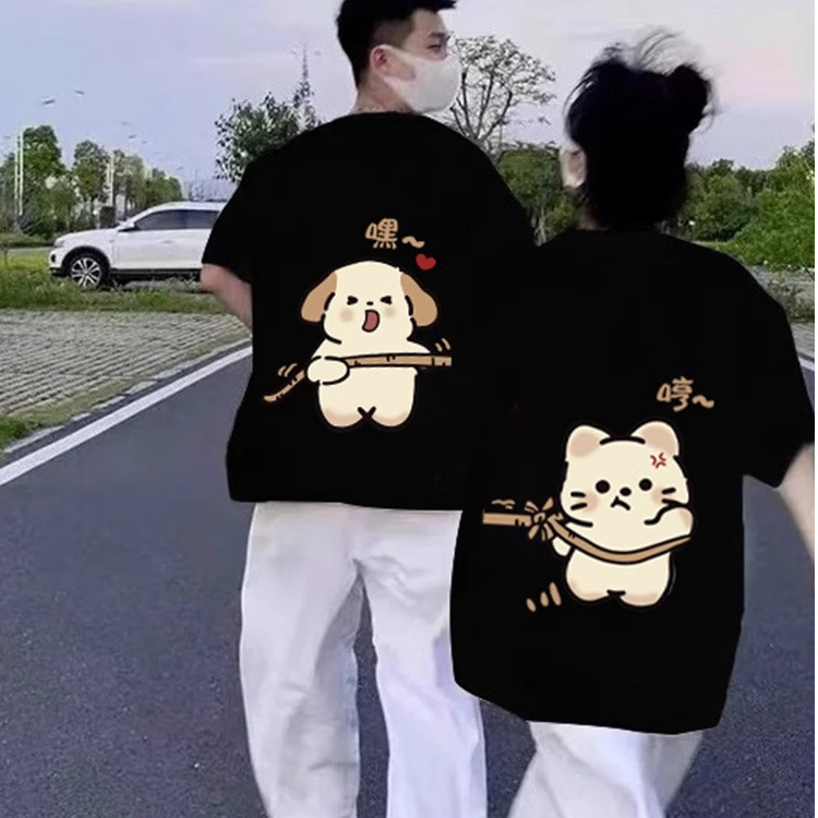 夏季纯棉卡通印花小熊印花不一样情侣装圆领短袖高级感男女T恤衫