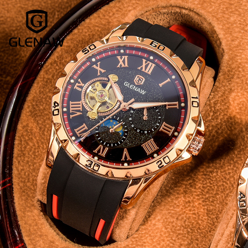 Đồng hồ nam automatic lộ máy, chống nước, dây thép không gỉ — Băng keo hình tròn đỏ vỏ hoa hồng, Băng keo vòng xanh vỏ hoa hồng, Băng keo vòng xanh vỏ đen, Băng keo đỏ vỏ Bạc