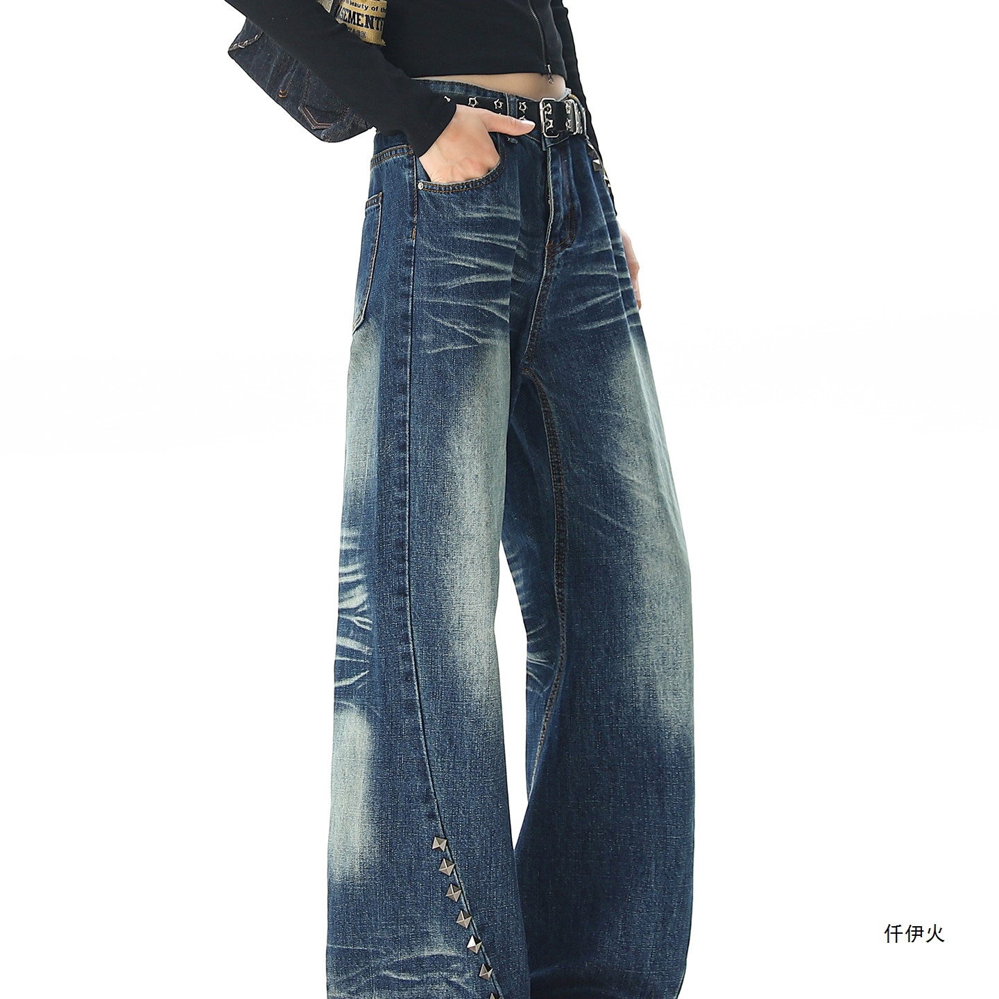 Washed, cracked, vintage-style, riveted, slightly flared, straight-leg, Parisian-chic, cool, lightning bolt-patterned denim pants for men, with an American aesthetic