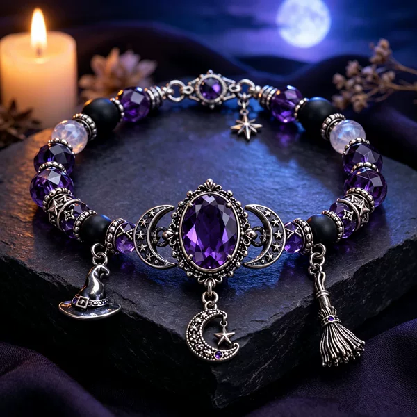 New Cross-Border Witch Crystal Moon Pendant Bracelet with Purple Beads, Mysterious Amethyst, Vintage Light Luxury for Witch Girls