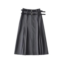 复古港味时尚显廋气质A字大摆过膝长裙秋季高腰腰带西装半身裙