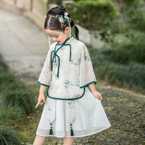 Hanfu suit 24 spring mid-sleeve two-piece chiffon western style children's ink Chinese style ethnic girl fairy